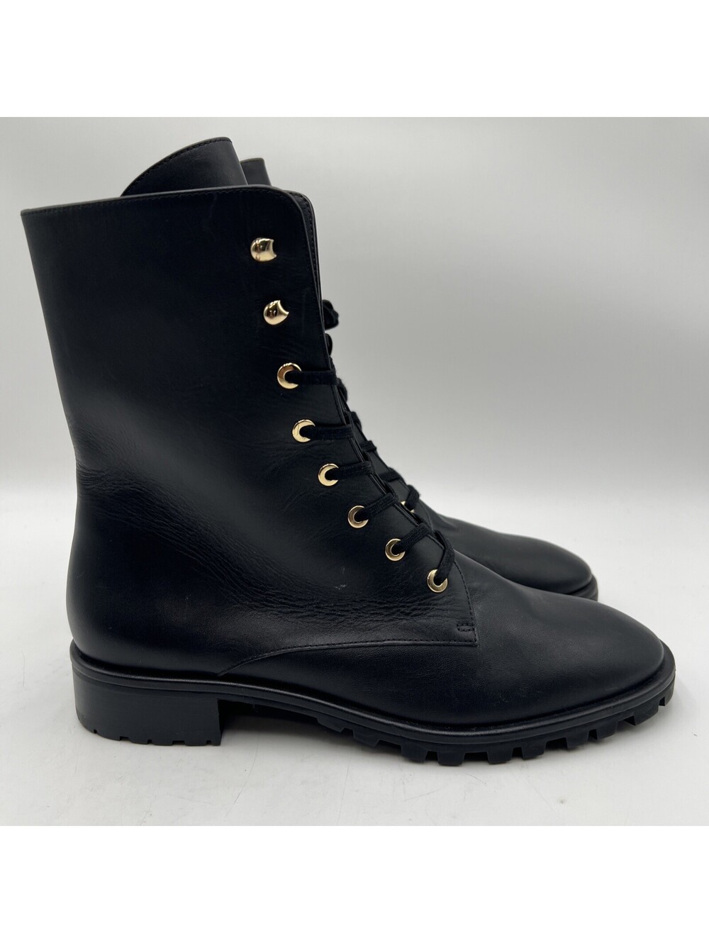Stuart Weitzman Laine Leather Combat Boot BLACK LEATHER LACE ZIP Size 8.5B